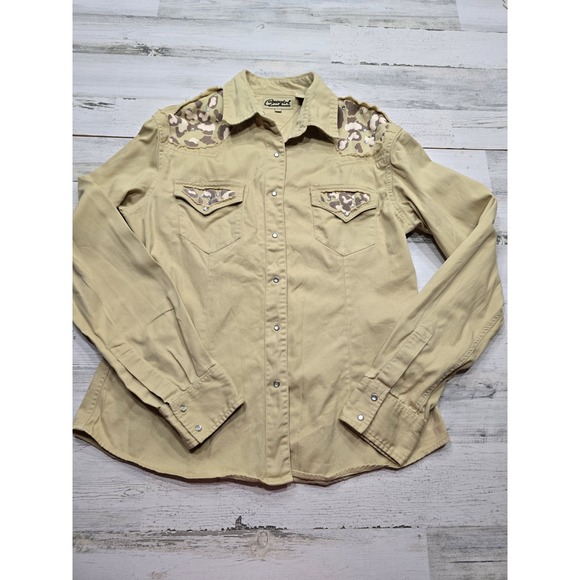 Cowgirl Hardware Tops - Cowgirl Hardware Tan Leopard Print Rhinestone Western Snap Shirt Size Large